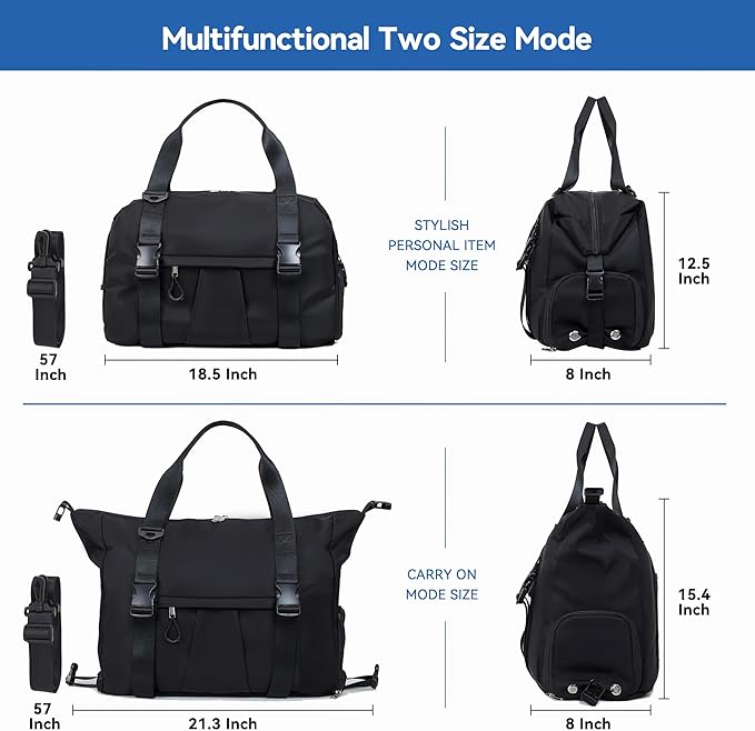 Gym Bag with Yoga Mat Holders, Carry On for Pilates Women & Men with Laptop & Shoe Compartment Large Duffle Travel Weekender Tote with Key Ring Clip Personal Item Workout, Easy to Clean - Black