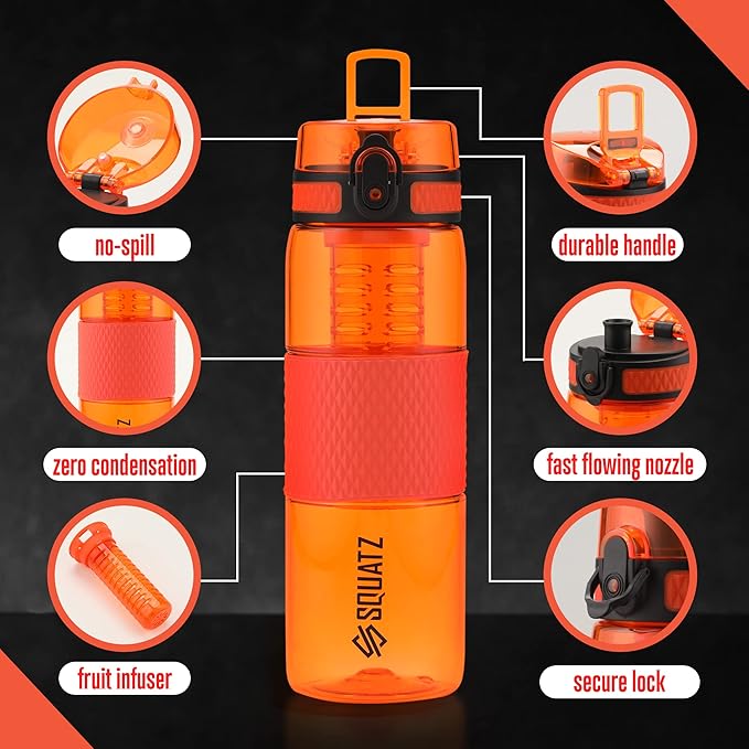 SQUATZ 24 Oz Poseidon Series Sports Water Bottle - Premium Quality Wide Mouth Gym Juice Protein Flask with Fruit Infuser Strainer, Carrying Strap, Leak Resistance, and Zero Condensation,Orange