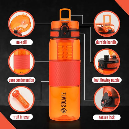 SQUATZ 24 Oz Poseidon Series Sports Water Bottle - Premium Quality Wide Mouth Gym Juice Protein Flask with Fruit Infuser Strainer, Carrying Strap, Leak Resistance, and Zero Condensation,Orange