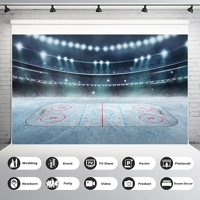 Ice Hockey Photography Background Hockey Stadium Arena ICES Rink Backdrop Sport Stage Lights Spotlight Ice Hockey Match Games Backdrops Decors ICES Hockey Arena Backdrop Background Props 12x8ft