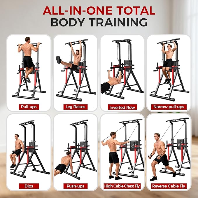 Power Tower Pull Up Bar Free Standing - 13-Level Adjustable Height Dip Station with X-Frame Stability, Multi-Grip Handles, Backrest, Anti-Slip Foot Pads - Home Gym Strength Training Equipment 400LBS