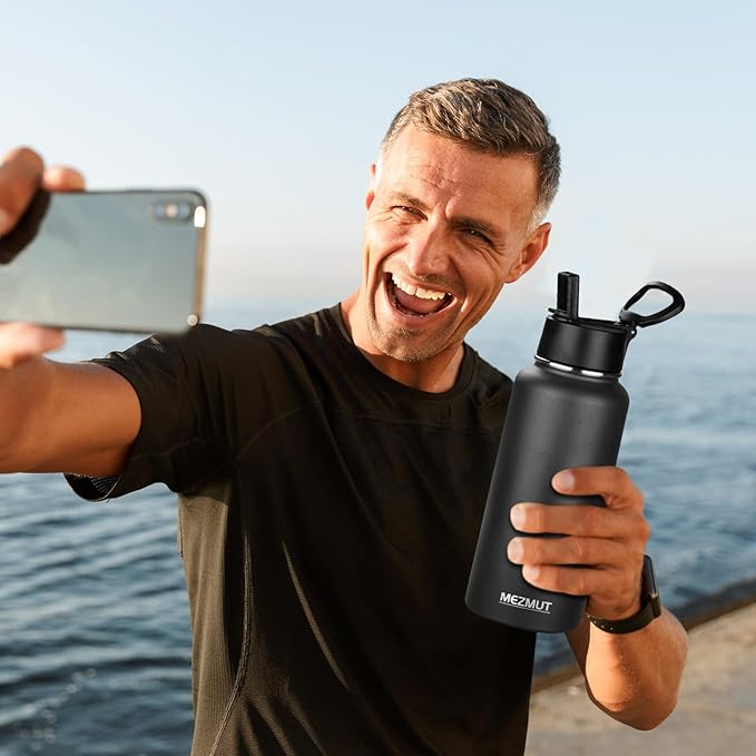 MEZMUT Insulated Water Bottle with Straw 32 oz Metal Water Bottle Leakproof Travel Stainless Steel Water Bottles Reusable Double Wall Gym Sports Cup Flask for Camping Hiking, Black