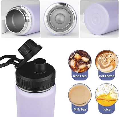 Insulated Water Bottle 18oz Stainless Steel Water Bottles with Straw&2 Lids, Kids Metal Cups Water Bottle Cup for School, Vacuum Insulated Bottles Leak-Proof Travel Cup, Purple