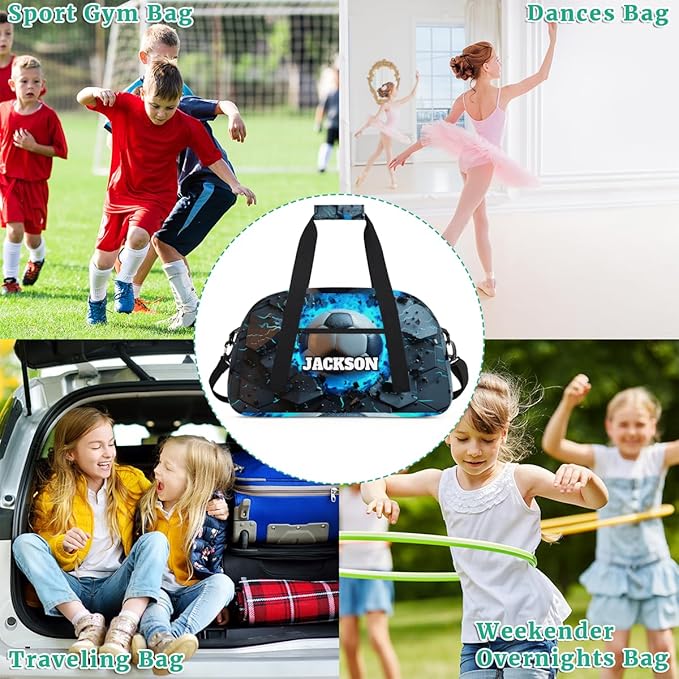 Personalized Boys Soccer Gym Duffel Bags for Kids with Custom Name Sport Training Travel Bags for Overnight Weekender