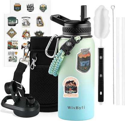 32 oz Insulated Water Bottle with Straw, Stainless Steel Triple Wall Vacuum Sports Water Jug, Leakproof Hydro Cup Flask with Paracord Handle & Straw Spout Lids & DIY Stickers