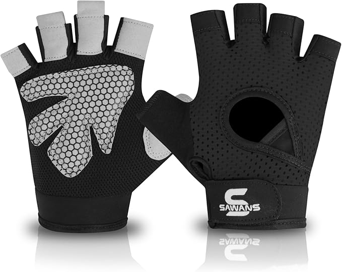 SAWANS Gym Gloves for Men & Women Ladies Weight Lifting Gloves Fitness Workout Breathable Training Non-Slip Grip Silicone Palm Protection Exercise Snug fit Hanging Pull-Ups Dumbbell