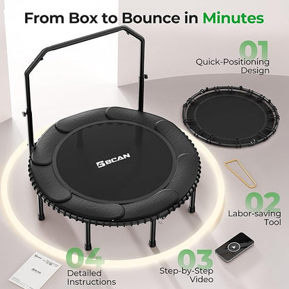 BCAN BT2 450/550LBS Mini Rebounder Trampoline for Adults with Bar, Fitness Trampoline with Bungees, Adjustable Handle, Stable & Quiet, Indoor Outdoor, Whole-Body Workout & Relaxation at Home-40IN/48IN