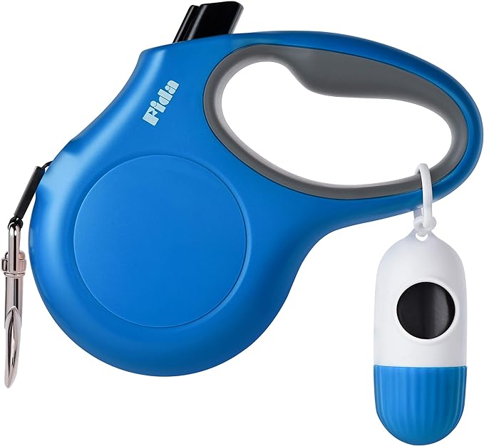 Fida Retractable Dog Leash with Dispenser and Poop Bags, 16 ft Pet Walking Leash for Medium Dog or Cat up to 44 lbs, Anti-Slip Handle, Tangle Free, Reflective Nylon Tape (M, Blue)