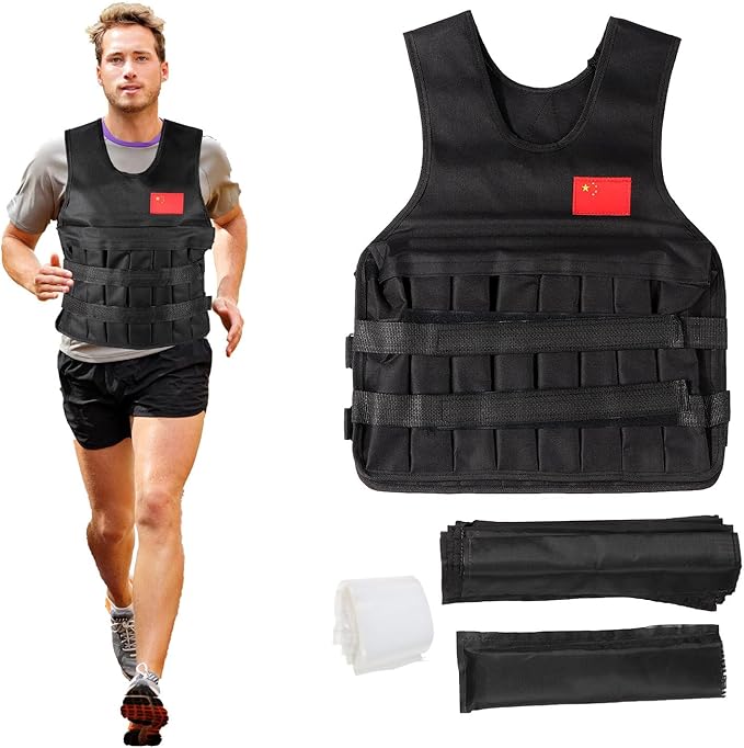 20KG Weighted Vest with 4Pcs Sand Bags（without weight）, Adjustable Training Waistcoat for Workout, Strength Training, Running, Fitness, Muscle Building