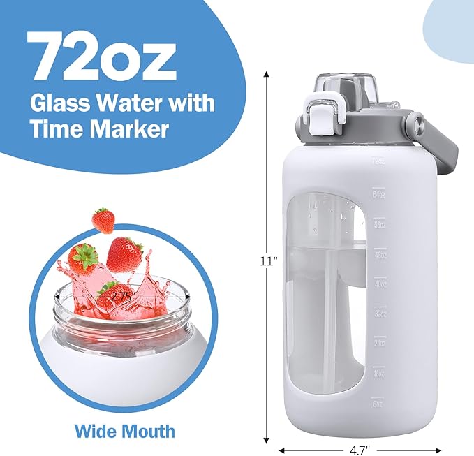 72oz Glass Water Bolttles, 3-in-1 Straw and Sip Spout Handle Lid, Half Gallon Water Bottle with Time Marker and Silicone Sleeve, BPA-Free Sports Water Bottle for Gym, School, White