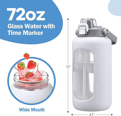 72oz Glass Water Bolttles, 3-in-1 Straw and Sip Spout Handle Lid, Half Gallon Water Bottle with Time Marker and Silicone Sleeve, BPA-Free Sports Water Bottle for Gym, School, White
