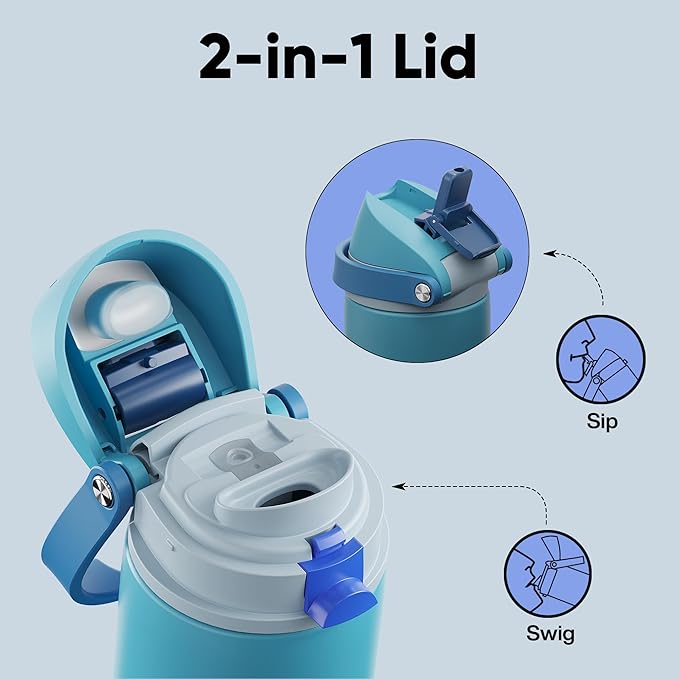 Insulated Water Bottle with Straw - Encool Stainless Steel Water Bottle with Push Button Lid, Leak-Proof & BPA-Free, Keeps Cold for 24 Hours for Sports, Travel, Gym (24 oz, Silk Blue)