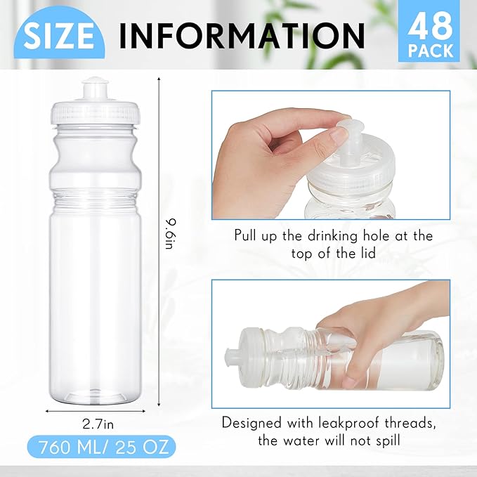 48 Pack 25 Oz Sports Water Bottles Clear Water Bottles Plastic Bulk Reusable Water Bottles, Pull Top Leakproof Drink Spout for DIY Customization Fitness Hiking Cycling Gym Workout Business Branding