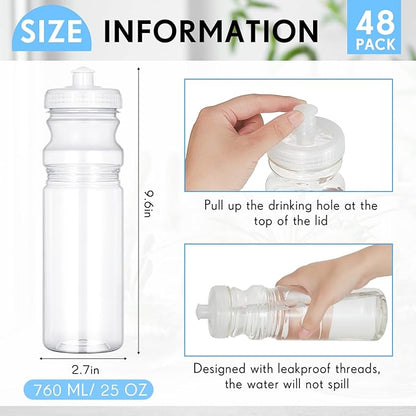 48 Pack 25 Oz Sports Water Bottles Clear Water Bottles Plastic Bulk Reusable Water Bottles, Pull Top Leakproof Drink Spout for DIY Customization Fitness Hiking Cycling Gym Workout Business Branding