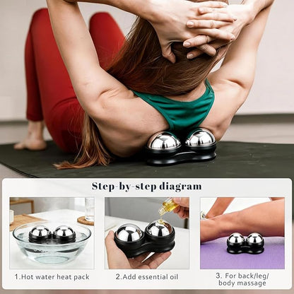 ideayard Stainless Steel Massage Roller Double Ball - Ice Therapy Muscle Pain Relief, Sore Muscles, and Tension Relief Cold & Hot Therapy Back, Shoulder, Leg, Calf Muscle Fascia Release Tool