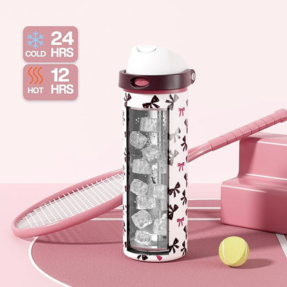 POWCAN 24 oz Insulated Water Bottle with Straw: 2-in-1 Push-Button Spout & Quick-Flip Straw, Leakproof, Cold 24Hrs, Fits Car Cup Holder, Stainless Sports Bottle for Gym, Travel Gift (Pretty in Bows)