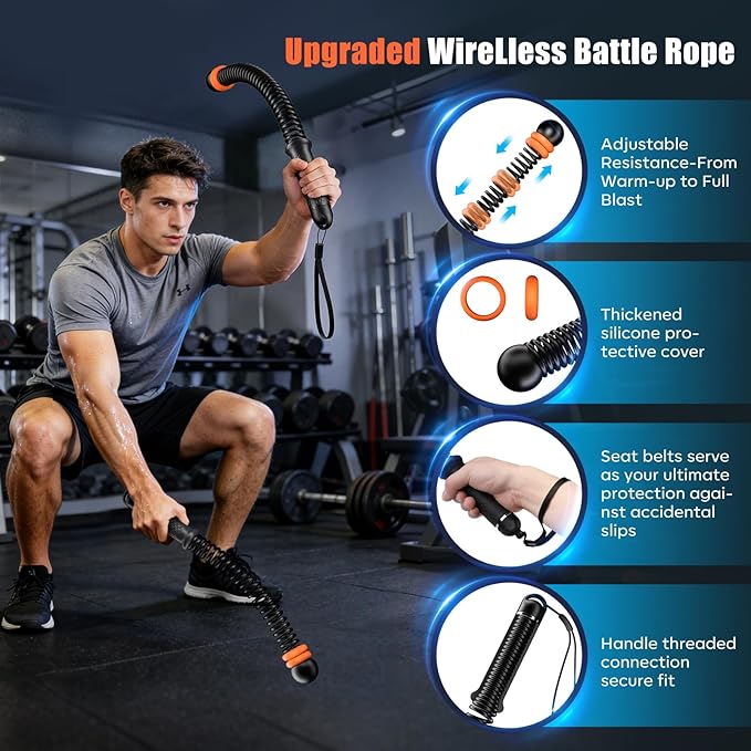 Cordless Battle Ropes with Adjustable Resistance Springs - Weighted Ropeless Battle Rope for Home Gym Exercise, Portable Workout Equipment for Strength Training & Cardio Fitness Orange& Black