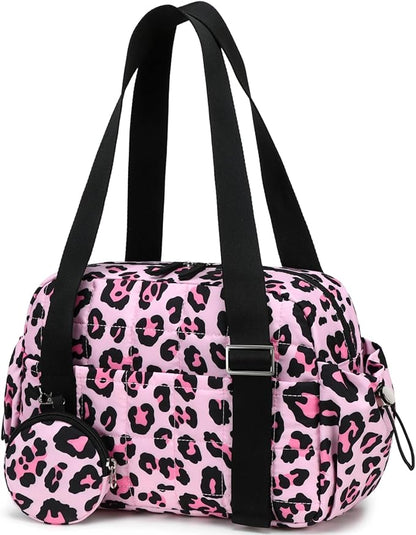 CAMTOP Mini Gym Bag for Women, Small Gym Tote Bag Puffy Quilted Sports Duffel Bag with Wet Compartment and Coin Purse Duffel Bags Dance Yoga Workout Bag for Gifts (Leopard, Mini-12.6")