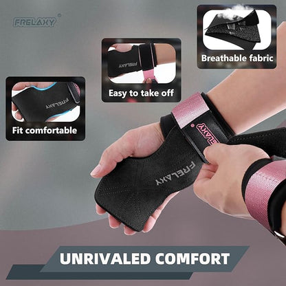Frelaxy Lifting Wrist Straps Women and Men, Weight Lifting Grips with Cushion Wrist Loop, Double Layer Leather and Storage Pouch, Gym Workout Straps for Deadlift and Powerlifting