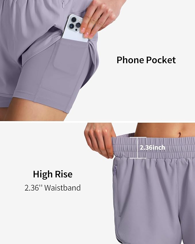 Ksmien Women's 2 in 1 Running Shorts Quick Dry Athletic Gym Workout Shorts with Liner Phone Pockets