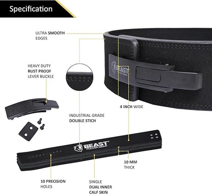 Beast Power Gear Weight Lifting Belt Lever Buckle 10MM 13MM Thick & 4 Inches Free Strap Weightlifting, Powerlifting, Deadlifts, Squats Men Women