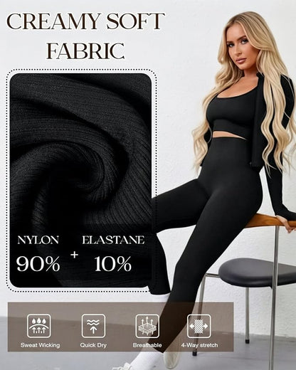 Women 3 Piece Seamless Workout Set Sports Bra High Waisted Gym Yoga Leggings Zip Up Jacket with Thumbhole Activewear