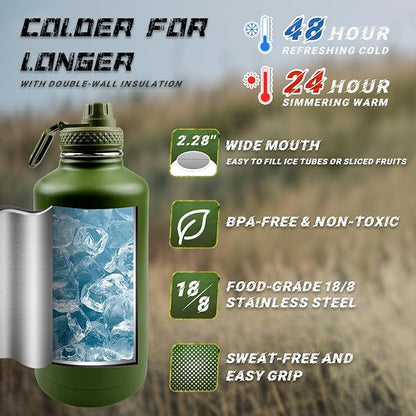Half Gallon Water Bottle with Sleeve - 64 oz Insulated Water Jug with Handle Tactical Stainless Steel Sports Water Bottle with Strap for Gym Workout Hiking Camping Camo Pouch