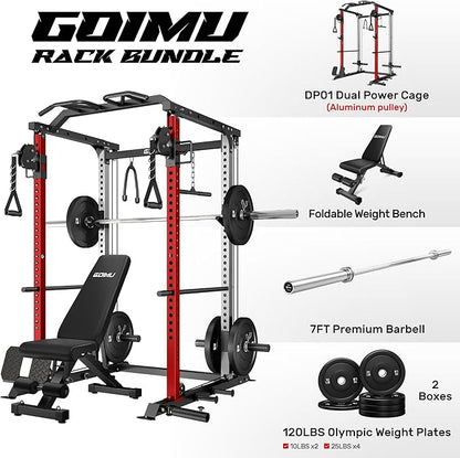DP01 Power Cage, 2000LBS Squat Rack with with Cable Crossover and Dual Independent Pulley System, Full Cage for Full Body Training, Power Rack with More Training Attachments for Home Gym