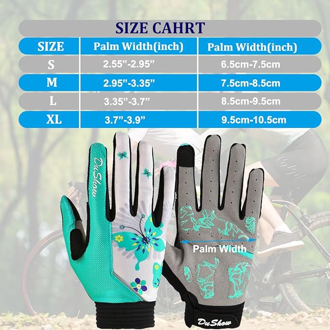 DuShow Bike Gloves for Women Cycling,Pink Floral Workout Gloves Women,Full Finger Biking Driving Riding Gloves for Women,Gel Padded Touch Screen Gym Gloves