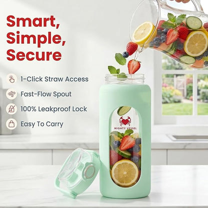 32 oz Glass Water Bottle – Light Green | Borosilicate with Time Markers, Flip Straw & Silicone Sleeve – Compact Leakproof Hydration for Travel or Office