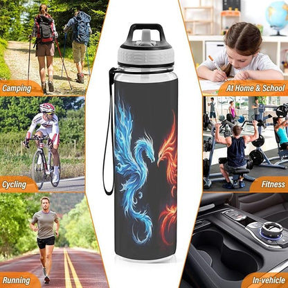 ALAZA Dragon Phoenix on Black Sports Water Bottle with Straw Tritan Drink Bottle 32 oz BPA Free Reusable for Travel Outdoor Fitness