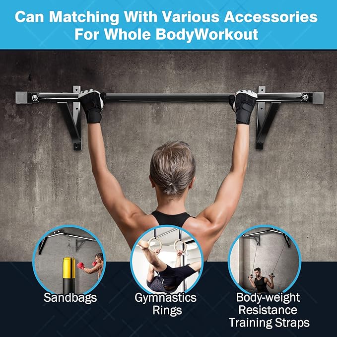 IRONWALLS Pull Up Bar Wall Mounted Home Gym, 500lbs Capacity Heavy Duty Iron Chin Up Bar Upper Body Workout Bar for Strength Training Equipment, Fitness Exercise Frame for Indoor Outdoor Use
