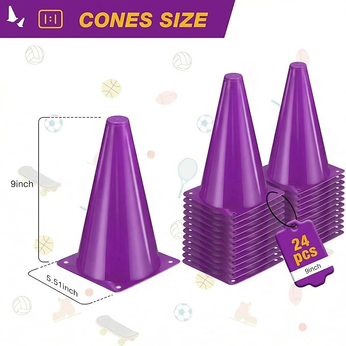 24pcs Cones 9 Inch Soccer Cones and Plastic Traffic Cones, Durable Cones for Sports Training, Ideal for Soccer, Basketball, Football, Skating, and Agility Drills Practice