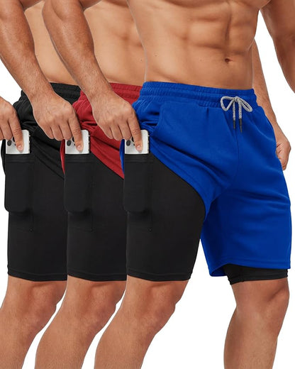 Sureio 3 Pcs Men's 2 in 1 Gym Workout Running Shorts 7 Inch Quick Dry Lightweight Athletic Short with Liner Pocket Towel Loop