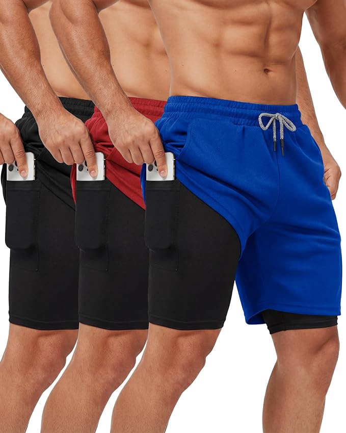 Sureio 3 Pcs Men's 2 in 1 Gym Workout Running Shorts 7 Inch Quick Dry Lightweight Athletic Short with Liner Pocket Towel Loop