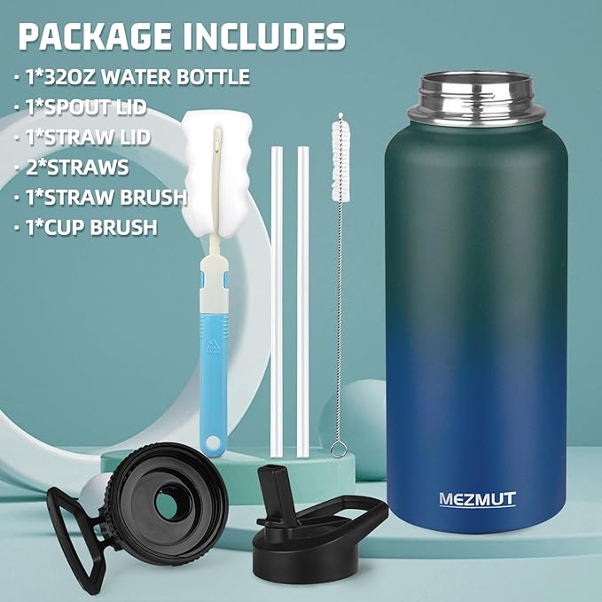 Insulated Water Bottle with Straw&2 Lids 32oz Metal Water Bottle Leakproof Travel Stainless Steel Water Bottles Reusable Double Wall Gym Sports Cup Flask for Camping Hiking, Green Blue