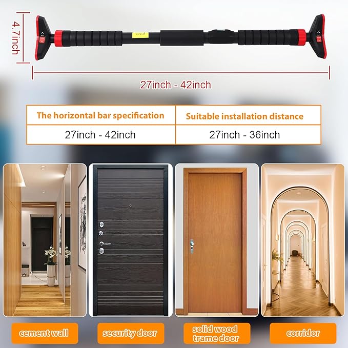 27-42in Pull Up Bar for Doorway with Level Meter, 440 LBS Heavy Duty Home Exercise Door Frame Pull up Bar, Adjustable Strength Training Bar, No Screw Installation Needed