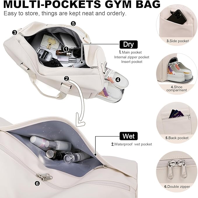 NOL Waterproof Gym Duffle Bag for Men & Women with Shoe & Wet Compartments, Multiple Pockets | Adjustable Shoulder Strap for Sports, Travel, Fitness, Workout & Hospital Use, Cream