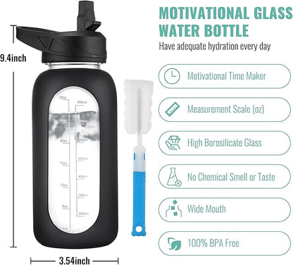 CIVAGO 32 oz Glass Water Bottle with Straw and Handle, Large Sports Motivational Water Bottle Flask with Time Marker and 2 Lids, Leakproof Water Jug Canteen with Silicone Sleeve for Gym, Sage