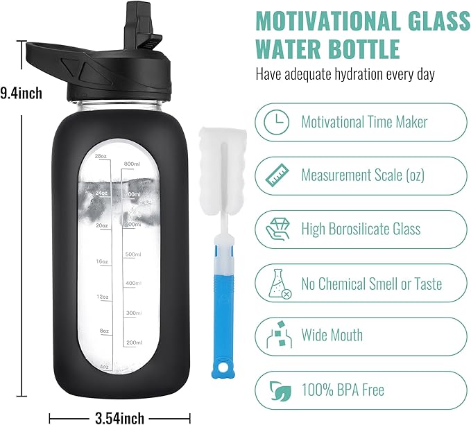 CIVAGO 32 oz Glass Water Bottle with Straw and Handle, Large Sports Motivational Water Bottle Flask with Time Marker and 2 Lids, Leakproof Water Jug Canteen with Silicone Sleeve for Gym,Black