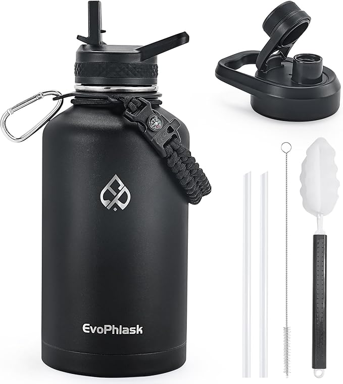 64 oz Insulated Water Bottle(Cold for 48Hrs), Large Stainless Steel Water Bottle BPA Free, Leak Proof Half Gallon Water Jug for Sport, Hiking, Camping, Travel, Matte Black