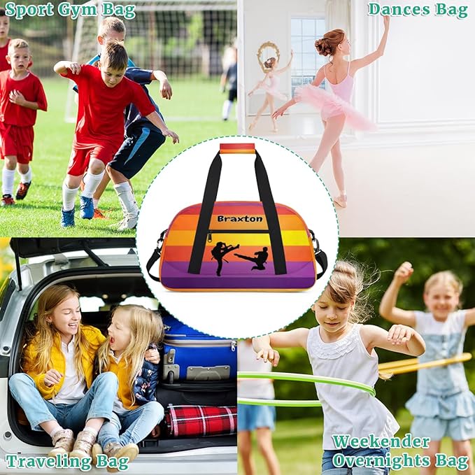 Personalized Sports Duffel Bag with Name Boys, Overnight Workout Training Bags Cheerleaders Bag Personalized Gym Bag Weekender Bags, Martial Arts Silhouette Colorful Stripes