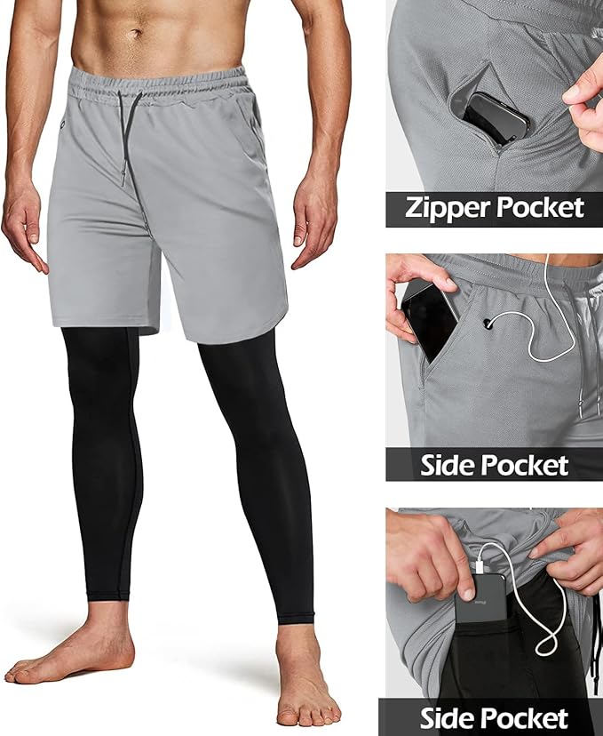 Aolesy Men's 2 in 1 Running Pants, Gym Workout Compression Pants for Men Training Athletic