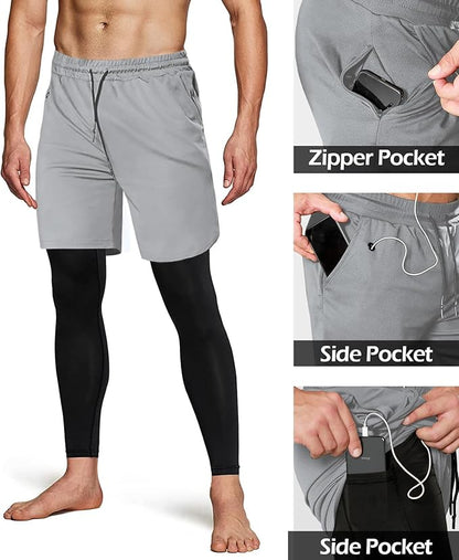Aolesy Men's 2 in 1 Running Pants, Gym Workout Compression Pants for Men Training Athletic