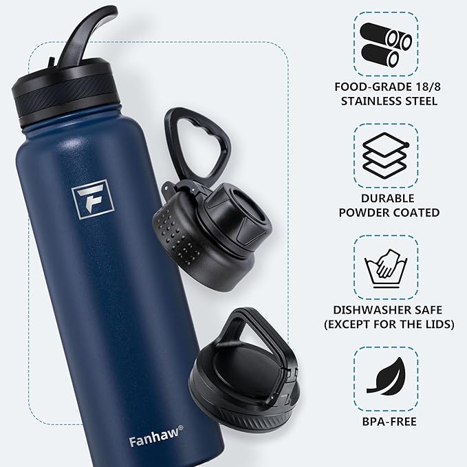 Fanhaw 40 oz Insulated Water Bottle – Stainless Steel Flask with 3 Lids (Straw, Spout, Carabiner) | Durable, Leakproof, for Hiking, Camping, Outdoor Adventures & Travel (Navy Blue)