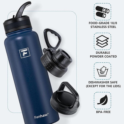 Fanhaw 40 oz Insulated Water Bottle – Stainless Steel Flask with 3 Lids (Straw, Spout, Carabiner) | Durable, Leakproof, for Hiking, Camping, Outdoor Adventures & Travel (Navy Blue)