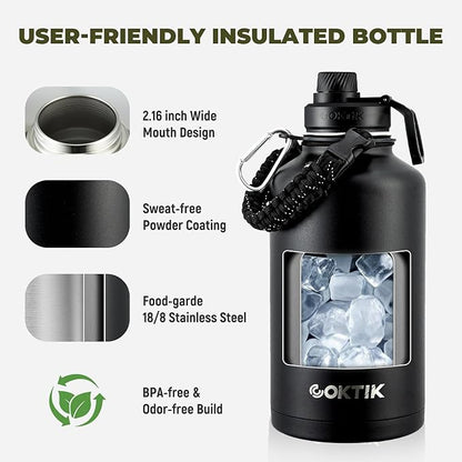 COKTIK 64oz Insulated Water Bottle - Stainless Steel Vacuum Metal, Portable ½ Gallon Large-Capacity Sports Bottle with Straw, Carry Bag and Handle Strap, Ideal for Gym & Hiking(Black)