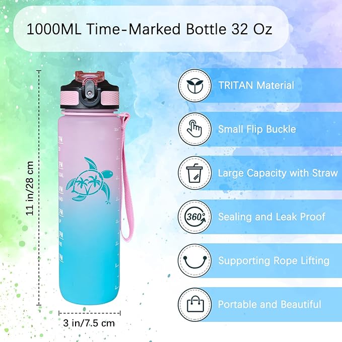 Sea Turtle Water Bottle with Straw, LeakProof, Carry Strap, BPA Free, 32 Oz Motivational Sport Water Bottle with Time Marker to Drink, Ideal for Gym Fitness Outdoor
