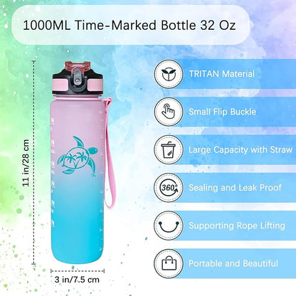 Sea Turtle Water Bottle with Straw, LeakProof, Carry Strap, BPA Free, 32 Oz Motivational Sport Water Bottle with Time Marker to Drink, Ideal for Gym Fitness Outdoor