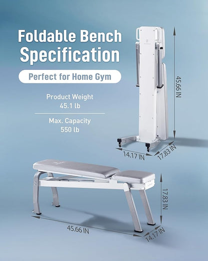 BYZOOM FITNESS Pure Series Foldable Weight Bench for Home Gym – Adjustable Workout Bench with 5 Incline Angles (0°-83°), 550lbs High Capacity, Rapid-Fold Compact Design for Space Saving, White or Black